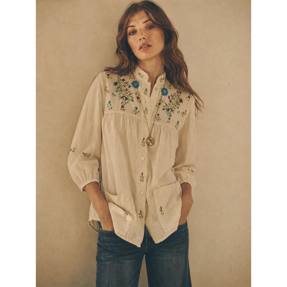 Vintage 1970s Handmade Boho Embroidered Floral Tunic Blouse Cottagecore Folk, S